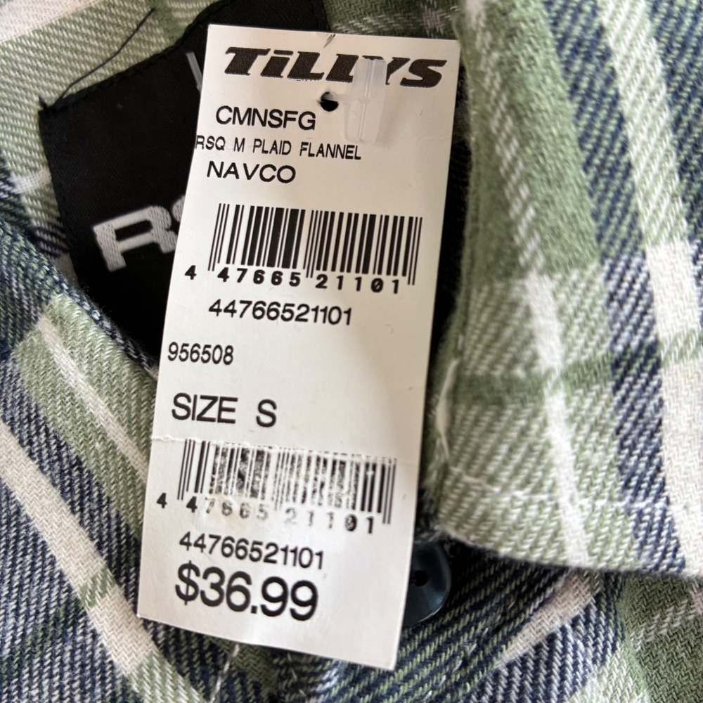 NWT RSQ Men's Plaid Flannel Shirt Green Black Cream Tartan Button Down Small - Picture 5 of 16